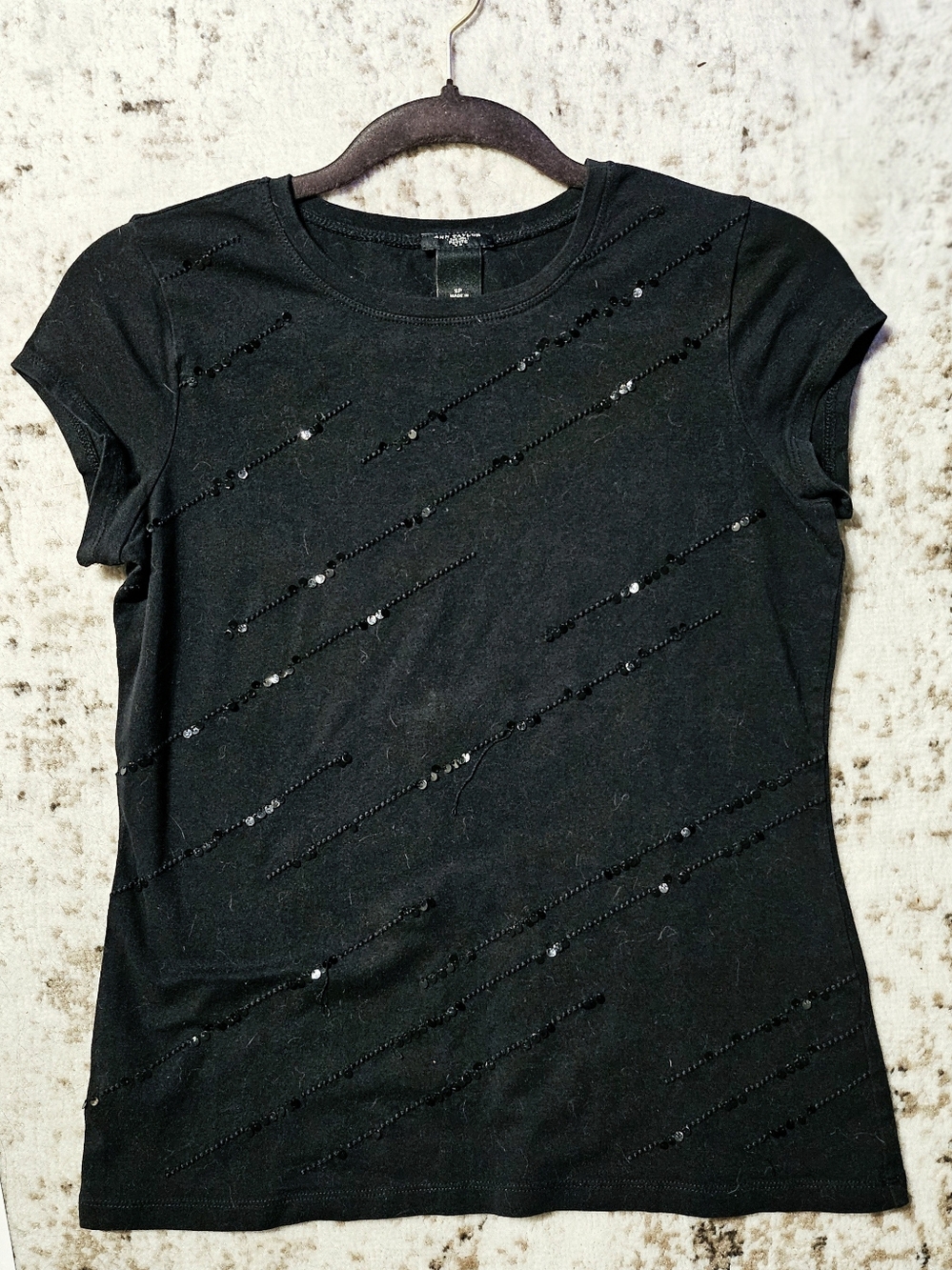Ann Taylor Black Short Sleeve Tee 101with diagonal sequin embellishments